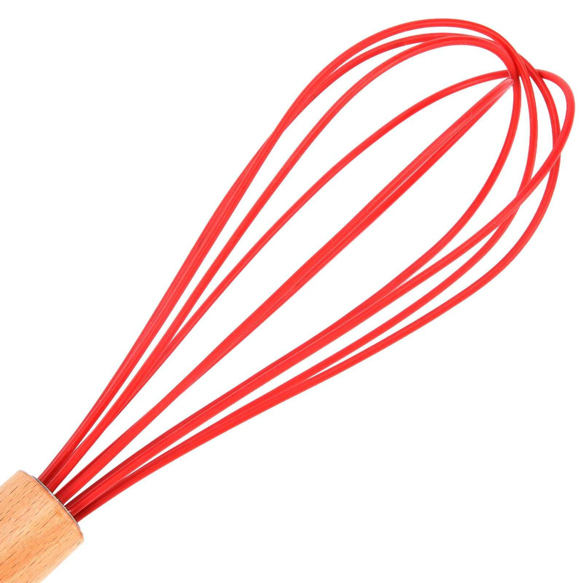 13Pcs Silicone Cooking Utensils Set includes a red silicone balloon whisk with a smooth wooden handle