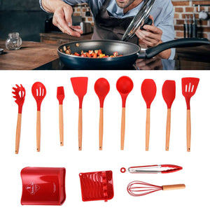 13Pcs Silicone Cooking Utensils Set with red silicone heads and natural wooden handles, including spoons, spatulas, whisk and tongs