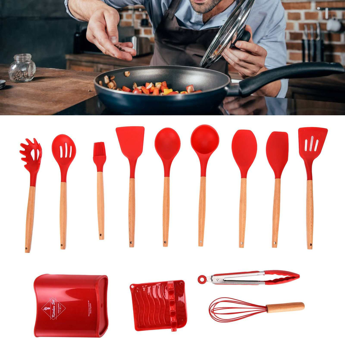 13Pcs Silicone Cooking Utensils Set with red silicone heads and natural wooden handles, including spoons, spatulas, whisk and tongs