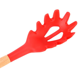 13Pcs Silicone Cooking Utensils Set includes a red silicone spaghetti server with a light wooden handle and slotted prongs