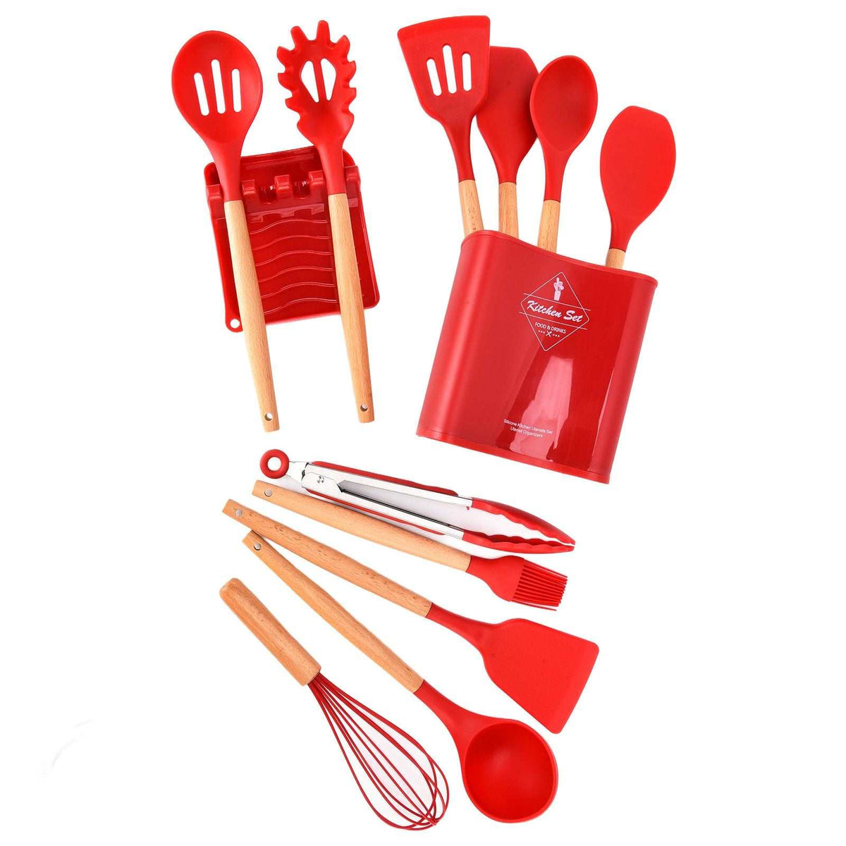 13Pcs Silicone Cooking Utensils Set in bright red silicone with wooden handles, including assorted tools and a matching holder