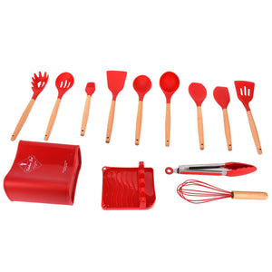 13Pcs Silicone Cooking Utensils Set with red silicone heads and light wooden handles, including spoons, spatulas, tongs and storage bucket