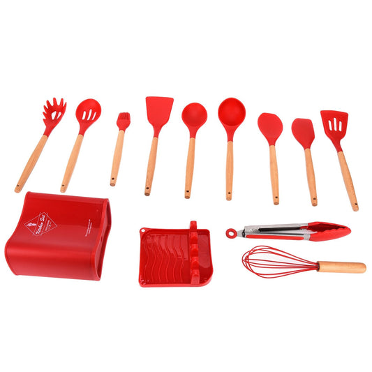 13Pcs Silicone Cooking Utensils Set with red silicone heads and light wooden handles, including spoons, spatulas, tongs and storage bucket
