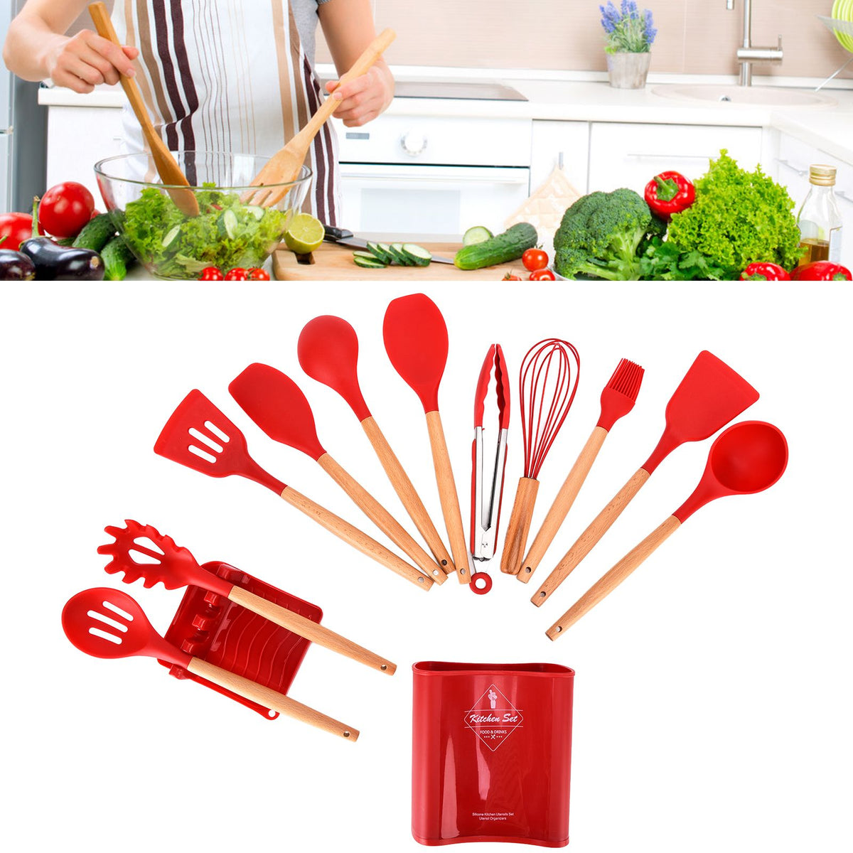 13Pcs Silicone Cooking Utensils Set with red silicone heads and light wooden handles, including a red storage holder