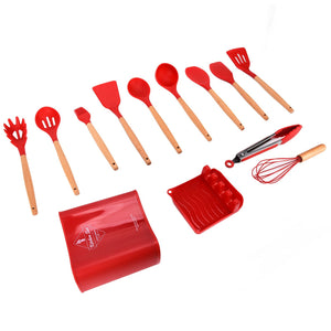 13Pcs Silicone Cooking Utensils Set in red silicone with light wooden handles, including spoons, spatulas, whisk and tongs