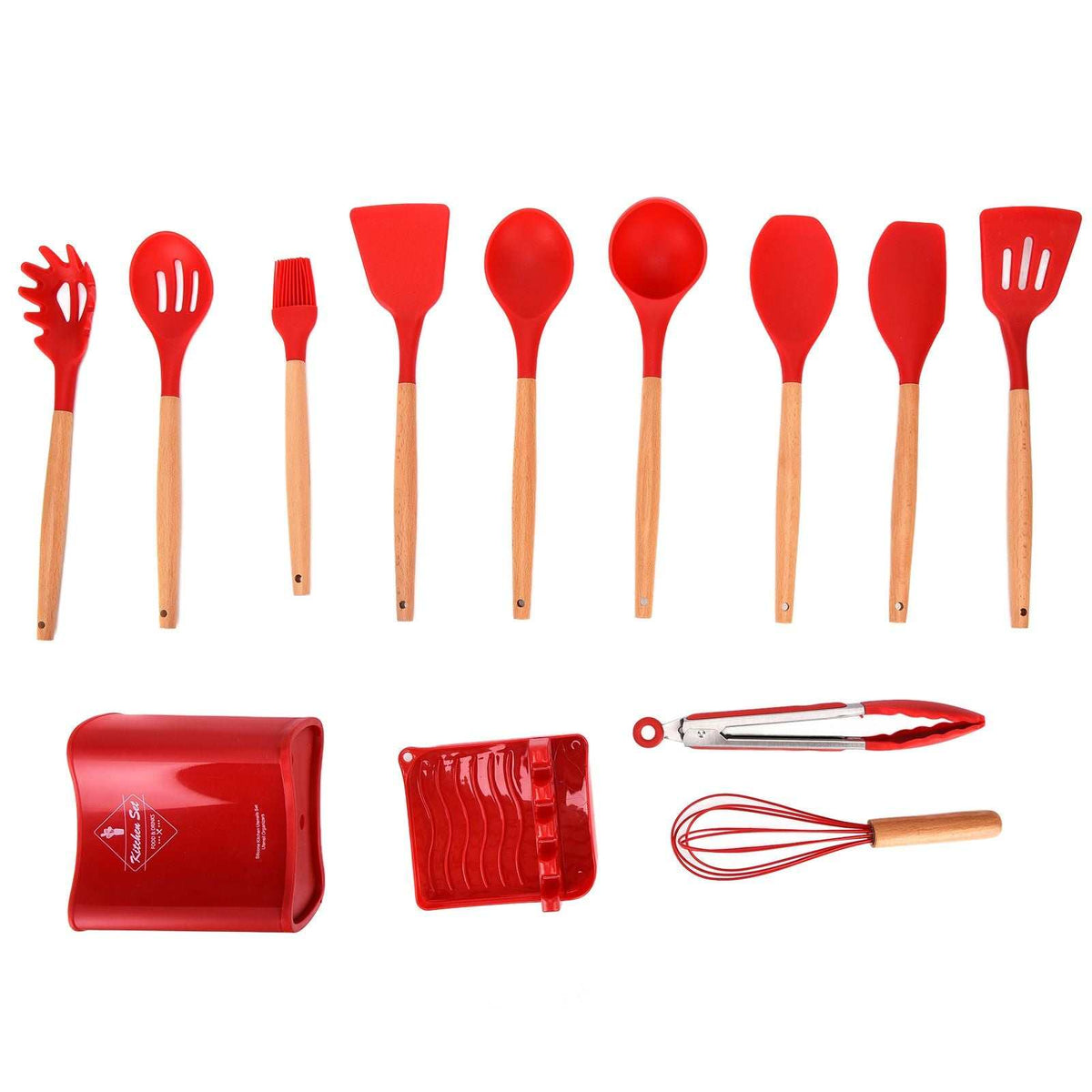 13Pcs Silicone Cooking Utensils Set in red silicone with wooden handles, including spoons, turners, whisk and tongs