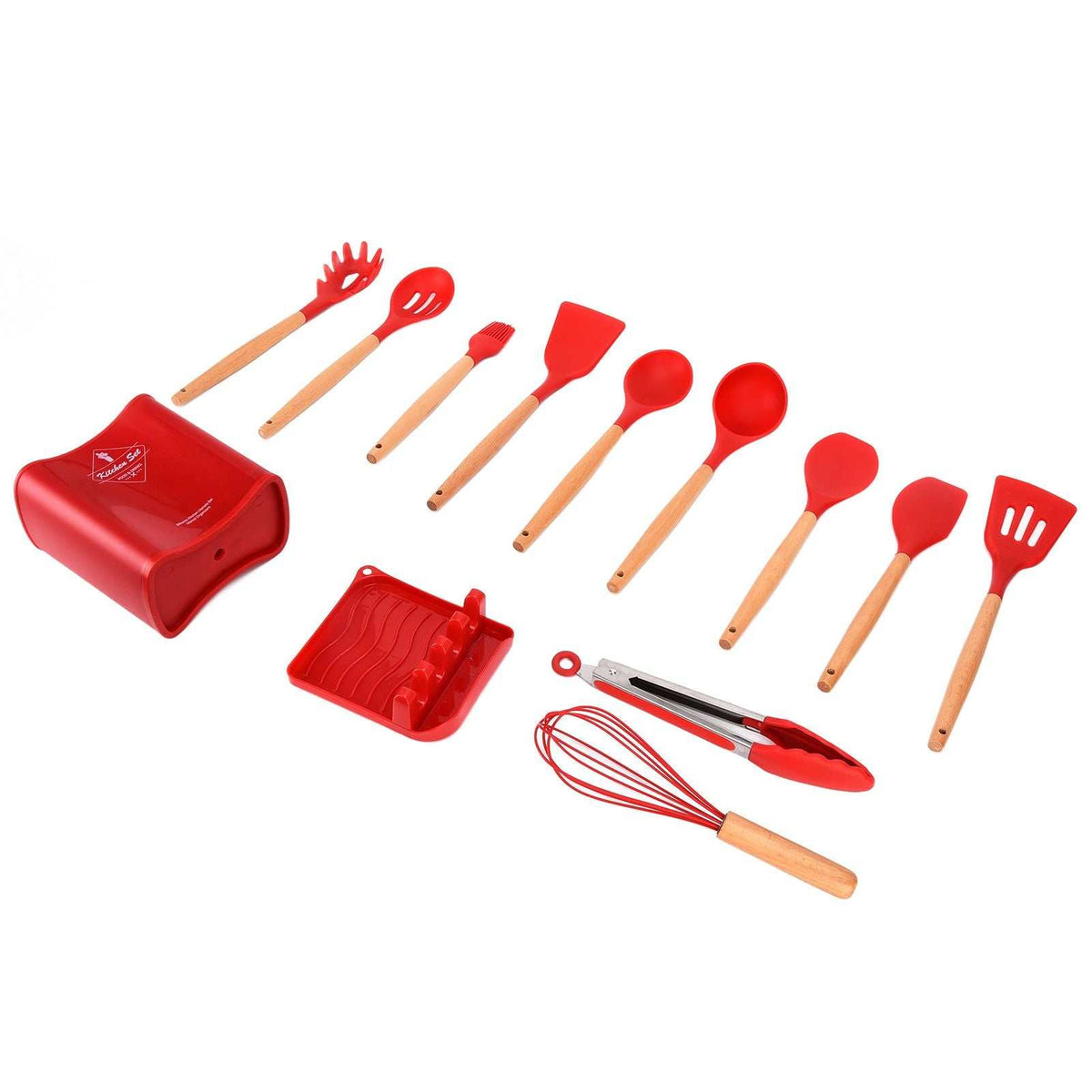 13Pcs Silicone Cooking Utensils Set with red silicone heads and light wooden handles, including spoons, spatulas, whisk and tongs