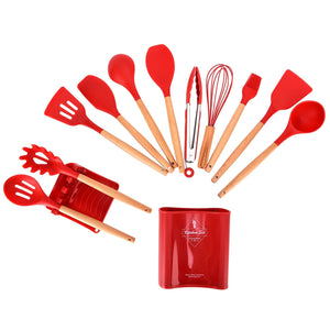 13Pcs Silicone Cooking Utensils Set with bright red silicone heads, natural wooden handles, metal tongs and red storage bucket