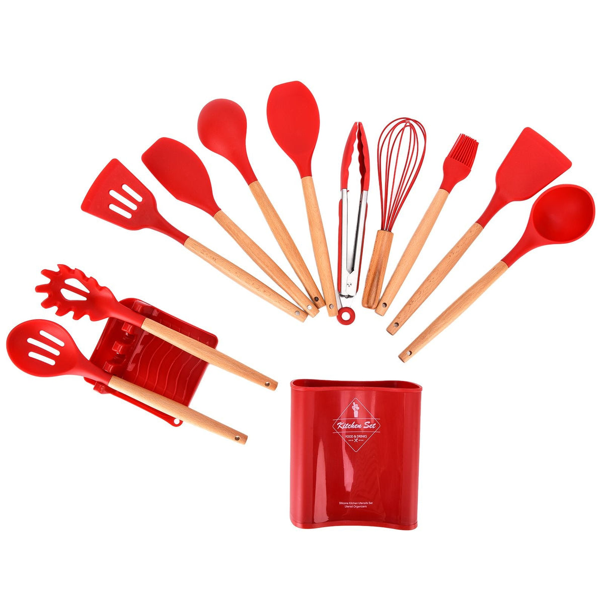 13Pcs Silicone Cooking Utensils Set with bright red silicone heads, natural wooden handles, metal tongs and red storage bucket
