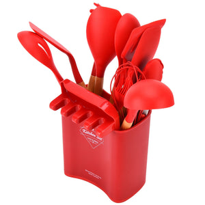 13Pcs Silicone Cooking Utensils Set in bright red silicone with wooden handles, assorted tools in a matching holder