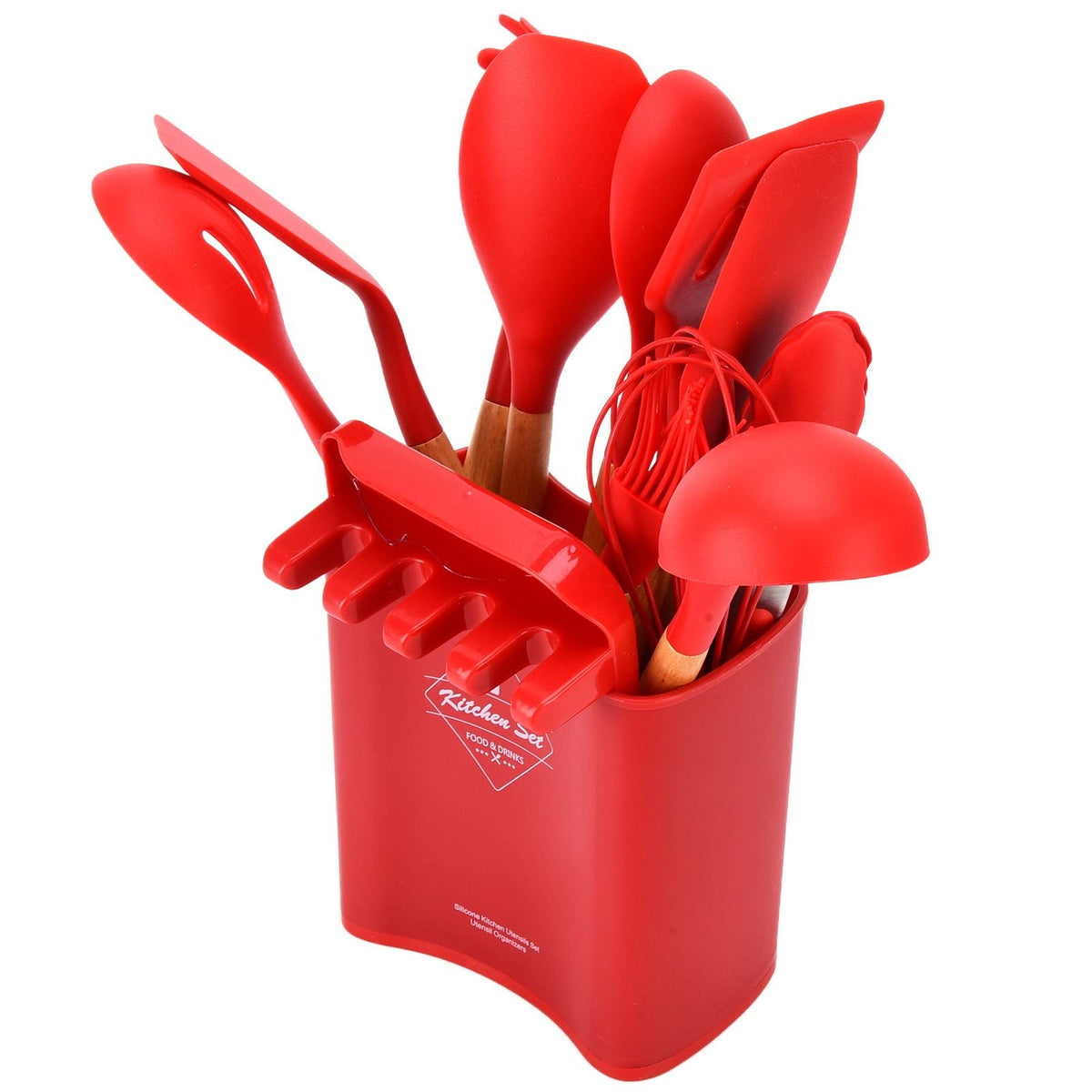 13Pcs Silicone Cooking Utensils Set in bright red silicone with wooden handles, assorted tools in a matching holder