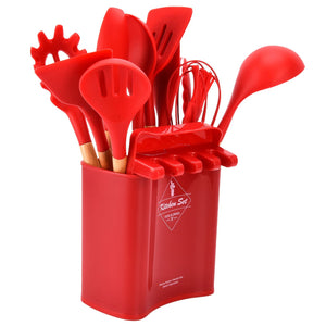 13Pcs Silicone Cooking Utensils Set in bright red silicone with wooden handles, assorted tools arranged in a matching holder