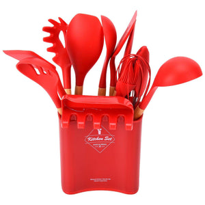 13Pcs Silicone Cooking Utensils Set in bright red silicone with wooden handles, including varied tools in a matching holder