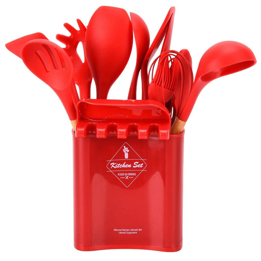 13Pcs Silicone Cooking Utensils Set in red silicone with wooden handles, assorted cooking tools arranged in a matching storage holder