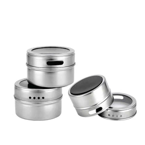 150g Magnetic Spice Jar in silver stainless steel with round shaker lids, dark dispensing openings and a magnetic base