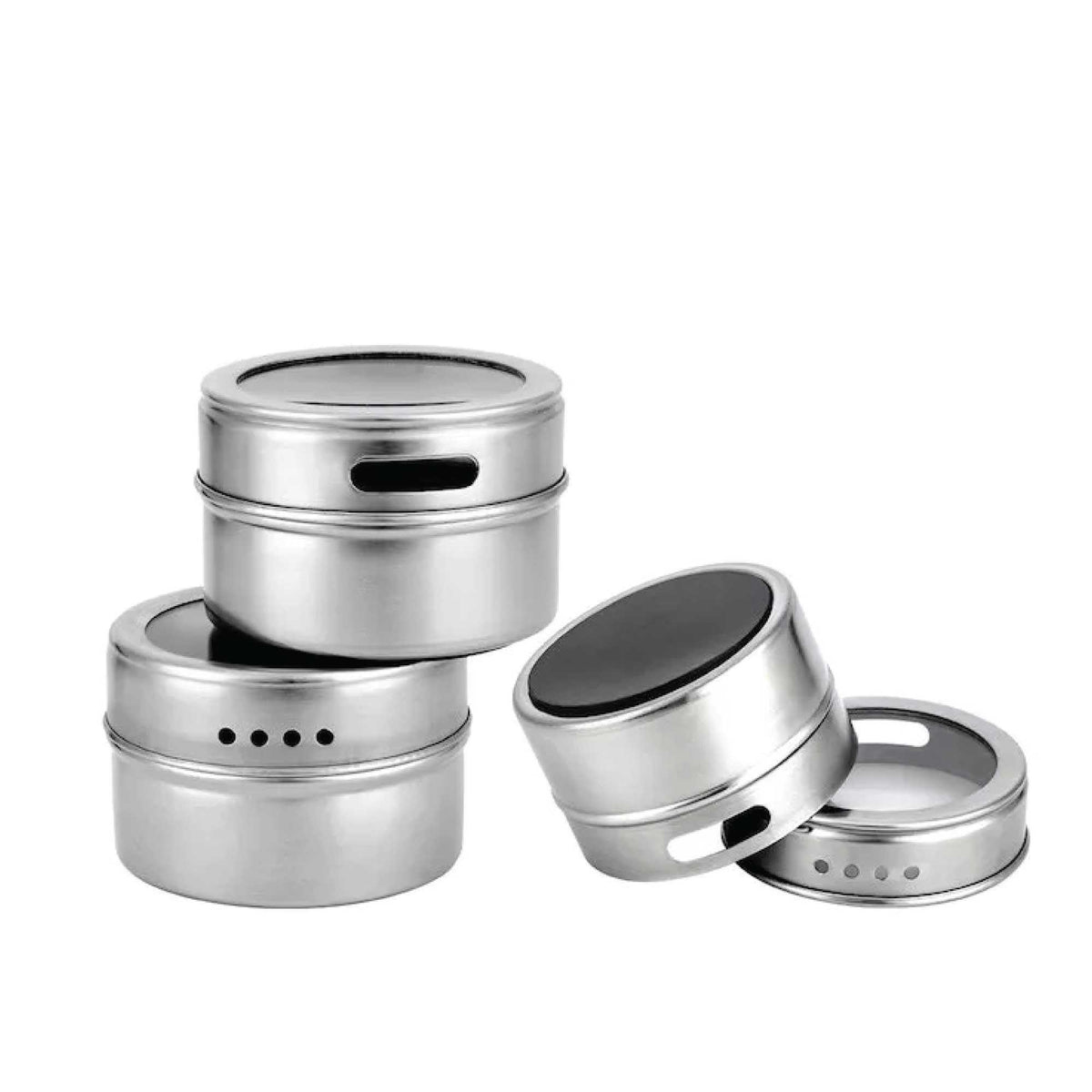 150g Magnetic Spice Jar in silver stainless steel with round shaker lids, dark dispensing openings and a magnetic base