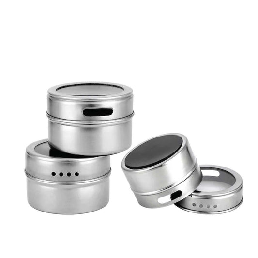 150g Magnetic Spice Jar in silver stainless steel with round shaker lids, dark dispensing openings and a magnetic base