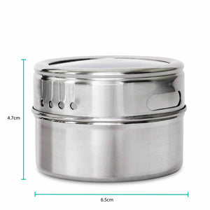 150g Magnetic Spice Jar in silver stainless steel with a smooth cylindrical body and twist shaker lid with dispensing holes