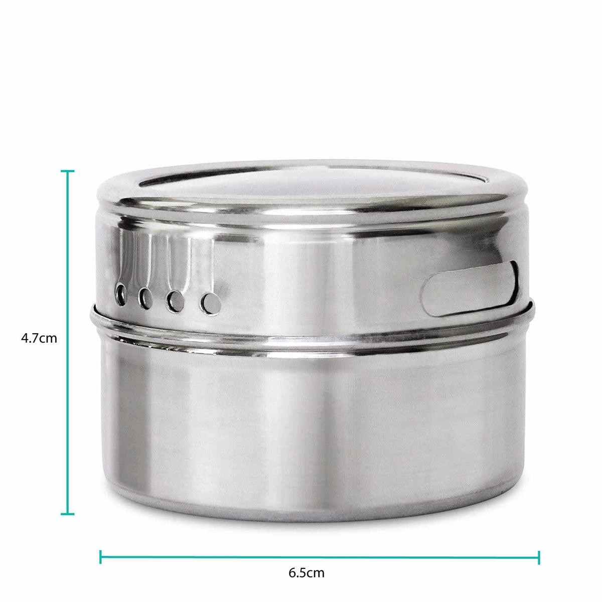 150g Magnetic Spice Jar in silver stainless steel with a smooth cylindrical body and twist shaker lid with dispensing holes