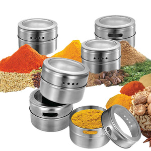 150g Magnetic Spice Jar set in silver stainless steel, with clear lid windows, shaker holes and magnetic bases beside spices