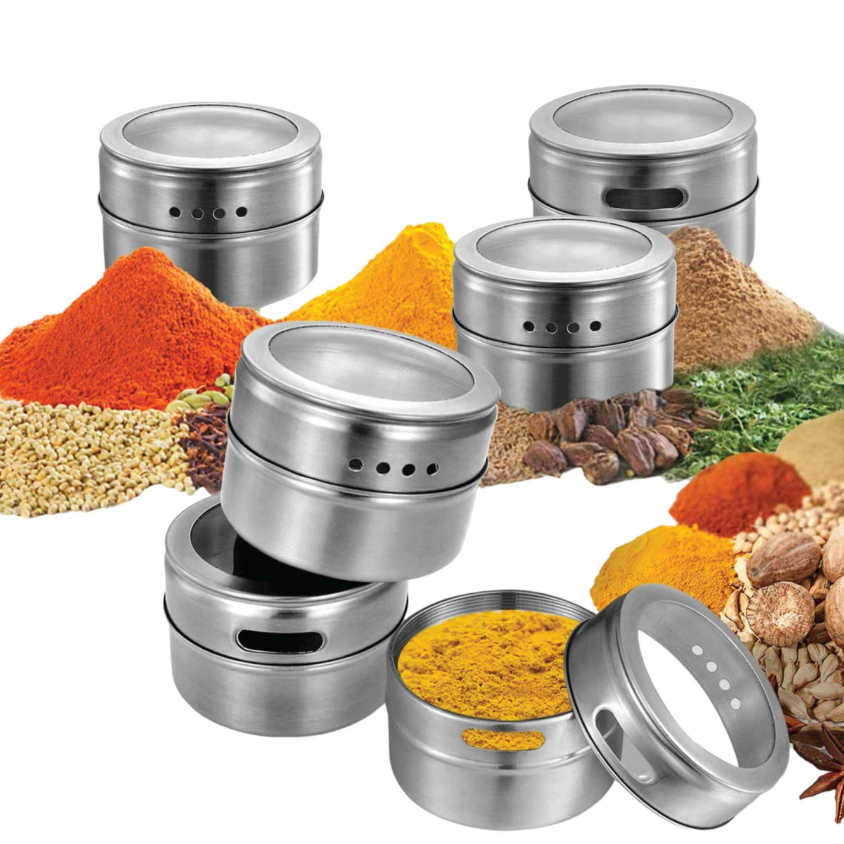 150g Magnetic Spice Jar set in silver stainless steel, with clear lid windows, shaker holes and magnetic bases beside spices