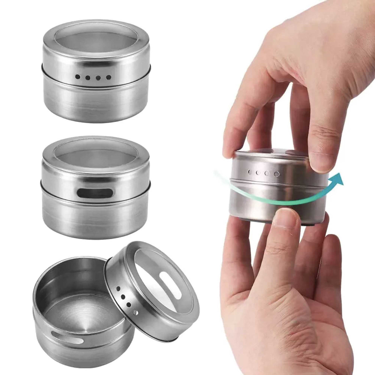 150g Magnetic Spice Jar in brushed silver stainless steel, with clear circular window, twist shaker lid and dispensing holes