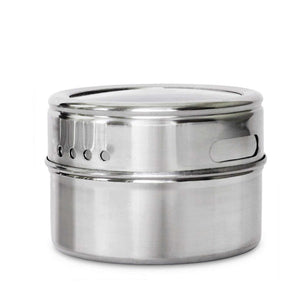 150g Magnetic Spice Jar in silver stainless steel with a cylindrical body, shaker holes and a sliding lid opening