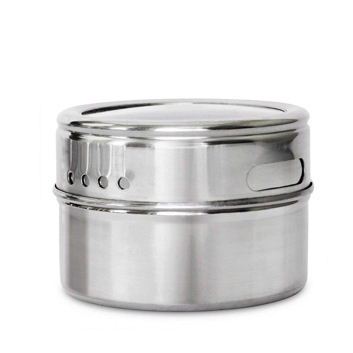 150g Magnetic Spice Jar in silver stainless steel with a cylindrical body, shaker holes and a sliding lid opening