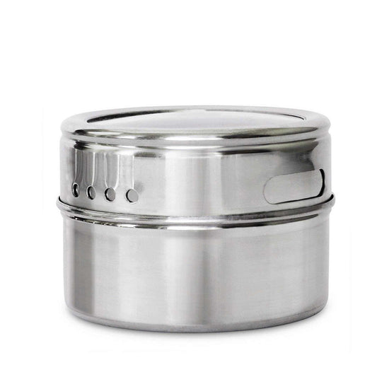 150g Magnetic Spice Jar in silver stainless steel with a cylindrical body, shaker holes and a sliding lid opening