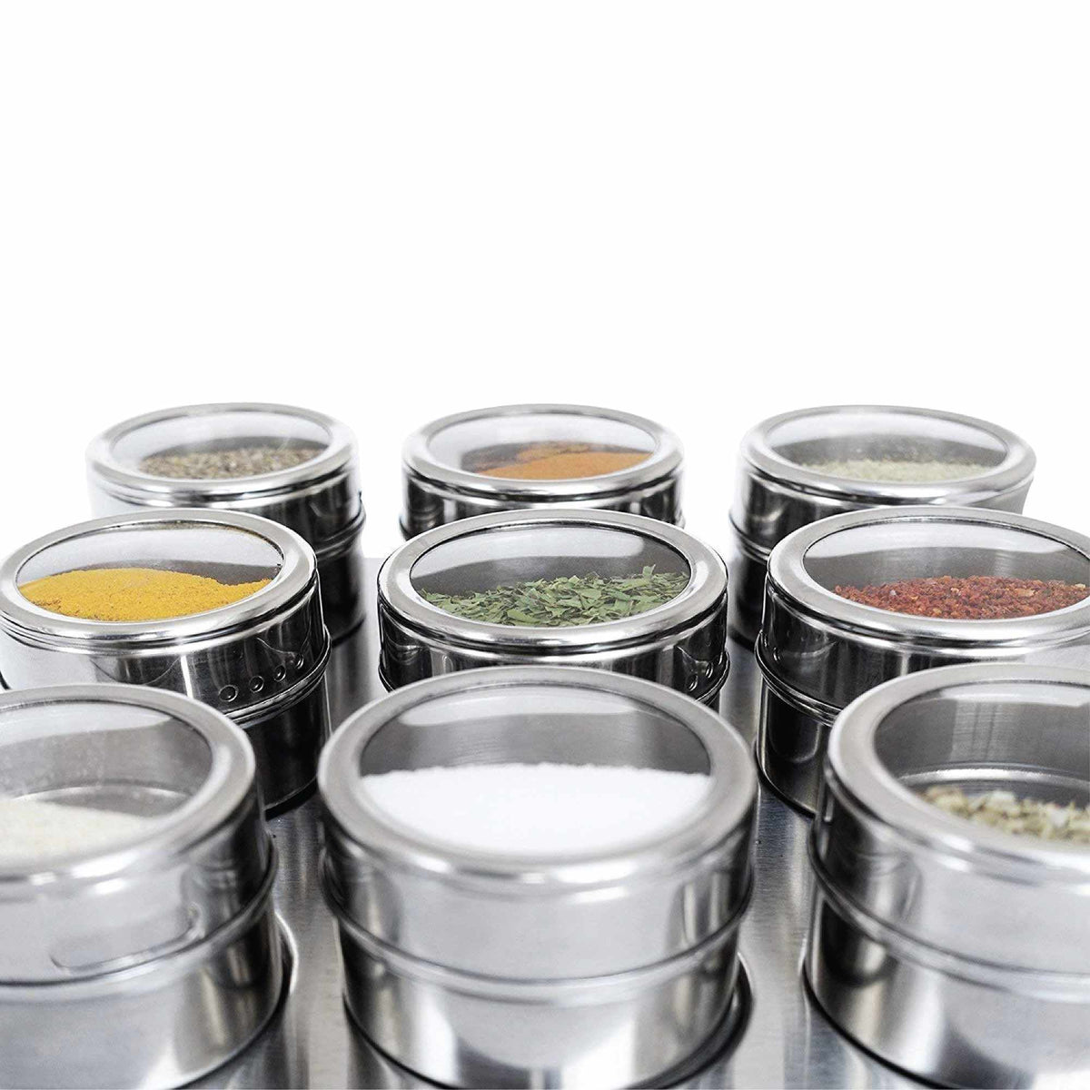 150g Magnetic Spice Jar in silver stainless steel with shaker lids and clear top windows displaying assorted spices
