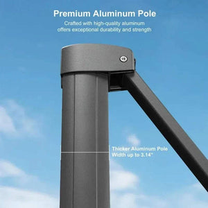 2.5x2.5m Beige Cantilever Outdoor Umbrella with a thick, dark grey aluminium pole and angled support arm