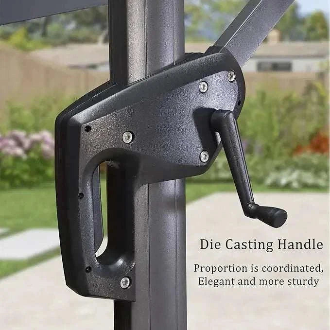 2.5x2.5m Beige Cantilever Outdoor Umbrella with a dark die-cast crank handle and sturdy metal frame