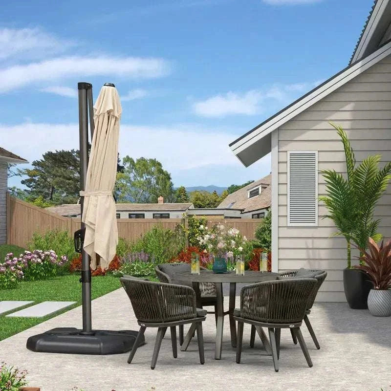 2.5x2.5m Beige Cantilever Outdoor Umbrella with a beige fabric canopy folded around a dark metal frame