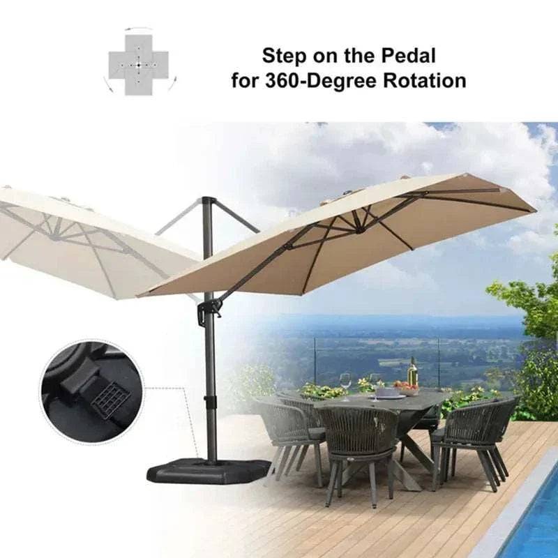 2.5x2.5m Beige Cantilever Outdoor Umbrella with a square beige canopy, dark metal frame and 360-degree pedal rotation