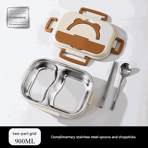 2 Grids 316 Stainless Steel lunch box with a divided silver tray, cream bear-shaped lid, brown handles and cutlery