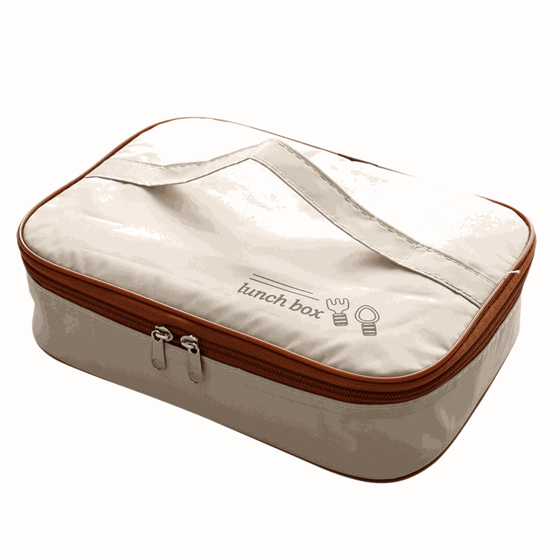Insulated lunch bag in beige fabric with brown trim, zip closure, twin pulls and a printed lunch box graphic