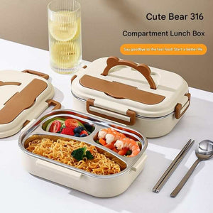 2 Grids 316 Stainless Steel lunch box with cream two-compartment tray, brown buckles and bear-shaped handle lid
