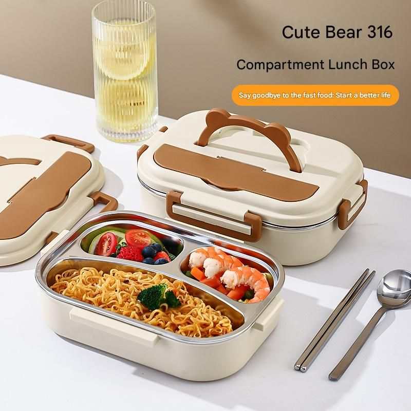 2 Grids 316 Stainless Steel lunch box with cream two-compartment tray, brown buckles and bear-shaped handle lid