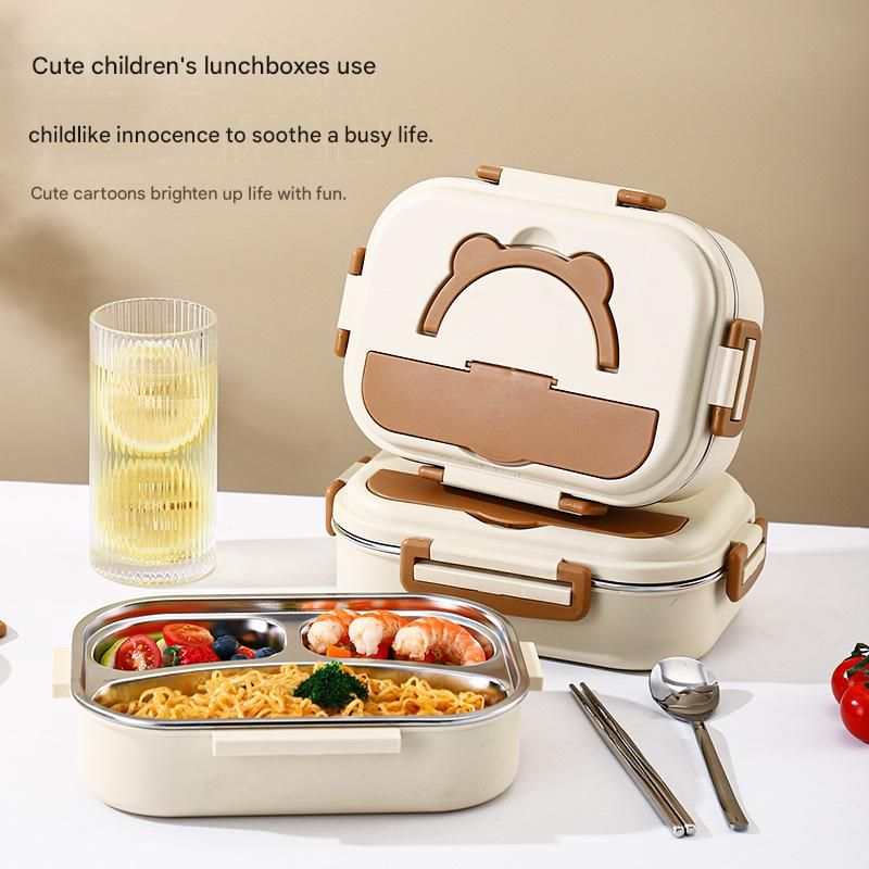 2 Grids 316 Stainless Steel lunch box with cream bear-shaped lid, brown accents and divided stainless steel tray