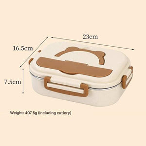 2 Grids 316 Stainless Steel lunch box in cream with brown bear-shaped lid, carry handle and secure side buckles
