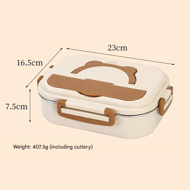2 Grids 316 Stainless Steel lunch box in cream with brown bear-shaped lid, carry handle and secure side buckles