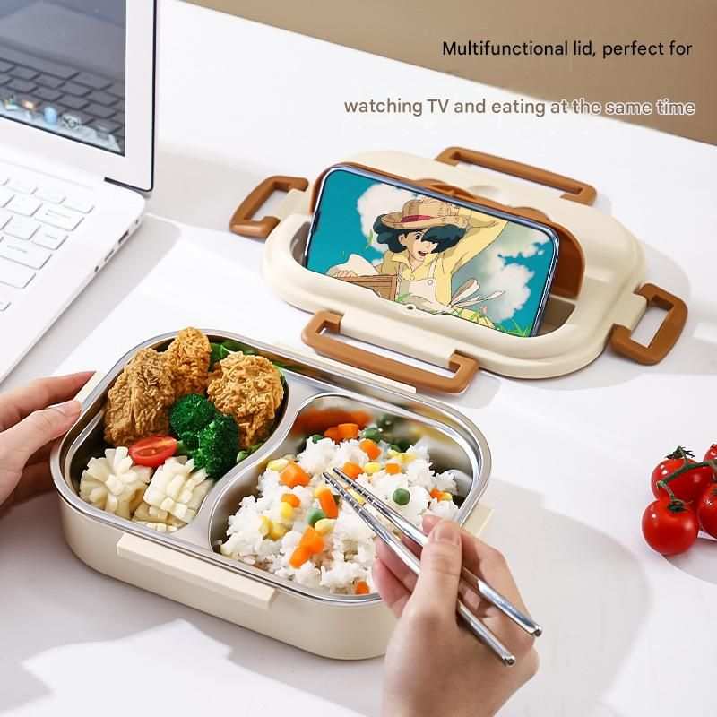 2 Grids 316 Stainless Steel lunch box in cream with a divided metal tray, brown buckles and a phone holder lid