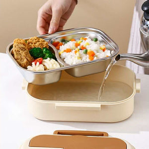 2 Grids 316 Stainless Steel lunch box with a divided metal tray holding rice, vegetables and breaded food