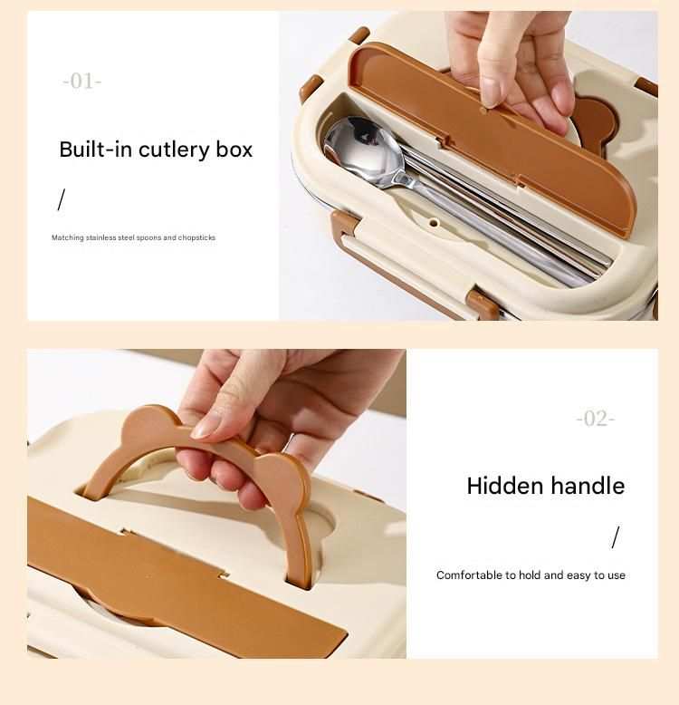 2 Grids 316 Stainless Steel lunch box with cream and tan bear lid, showing a built-in cutlery compartment and hidden carry handle
