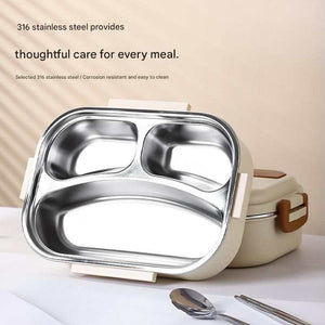 2 Grids 316 Stainless Steel lunch box with a polished silver three-section inner tray and cream exterior