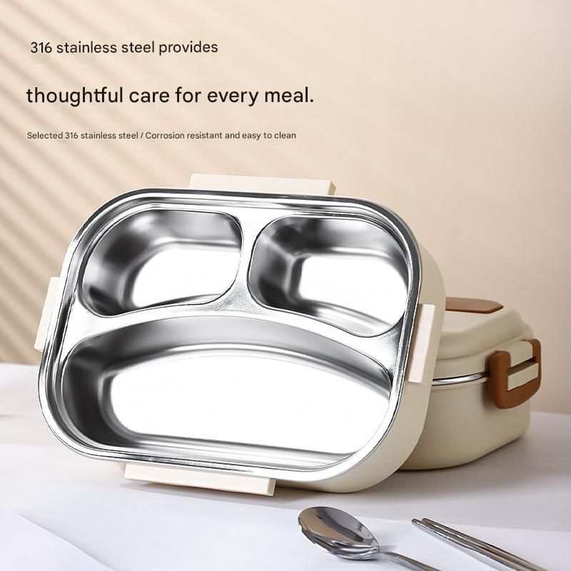 2 Grids 316 Stainless Steel lunch box with a polished silver three-section inner tray and cream exterior