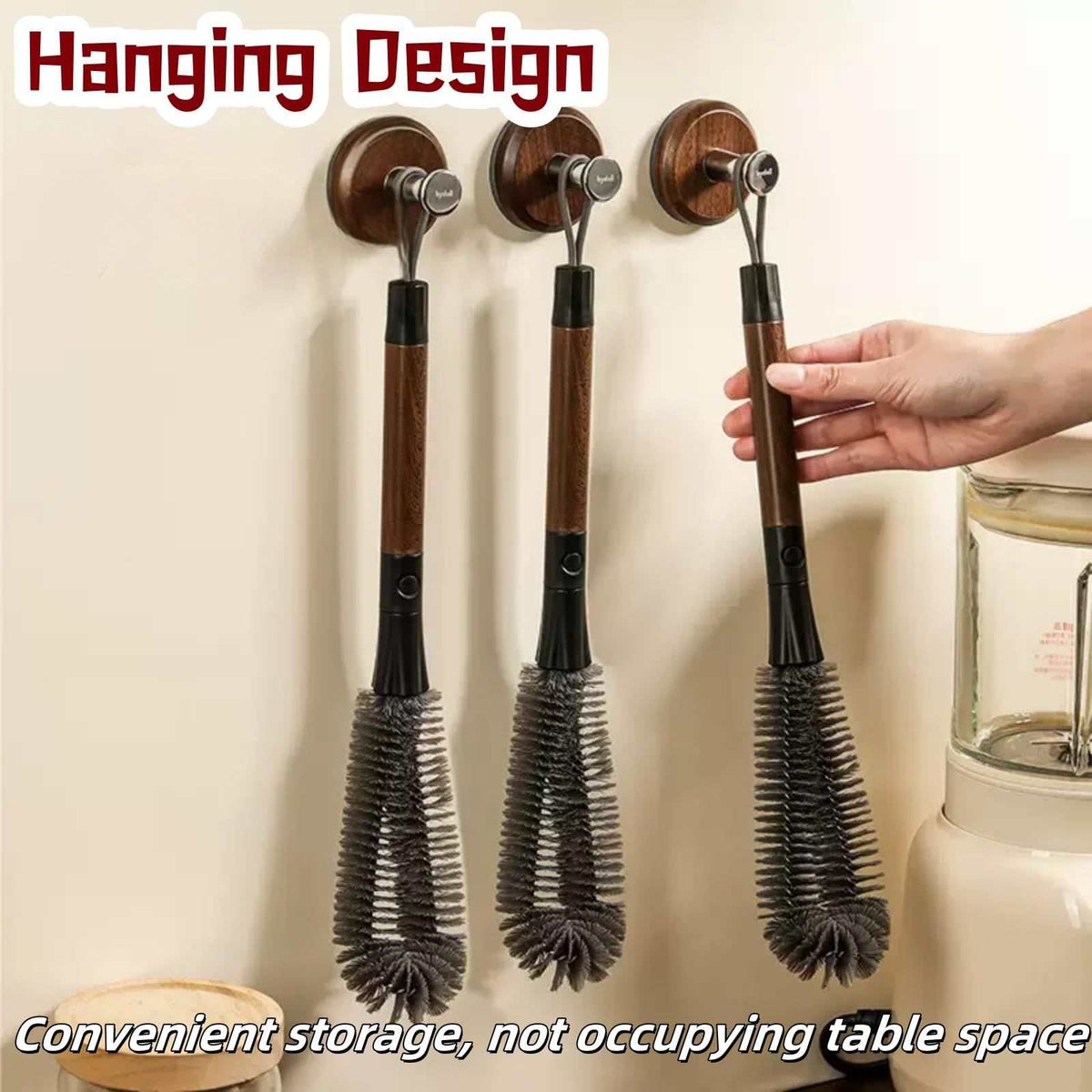 2 in 1 Cleaning Brush with dark bristles and wood-toned handles, shown hanging for convenient storage