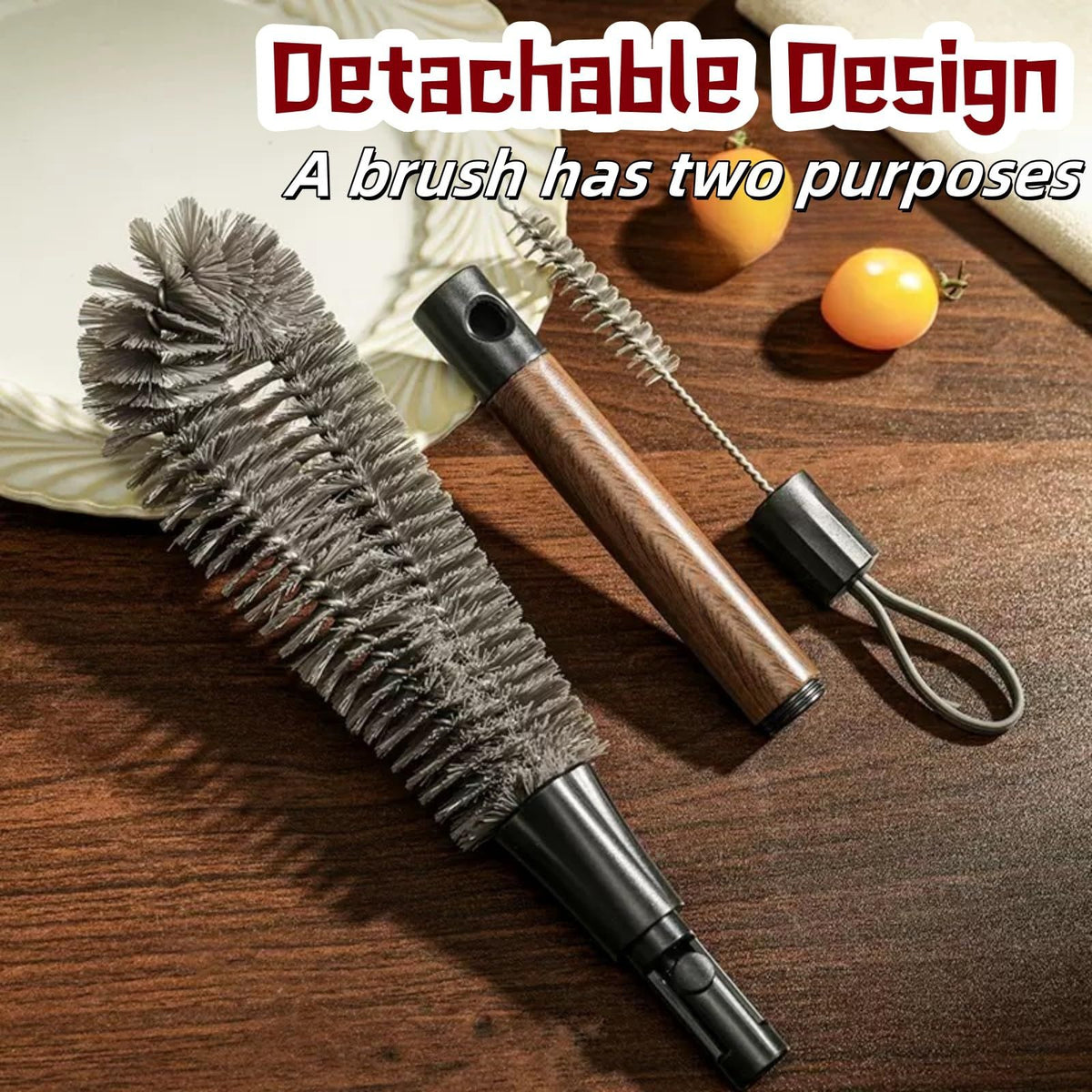 2 in 1 Cleaning Brush with gray bristles, a wooden handle, and detachable narrow gap-cleaning brush