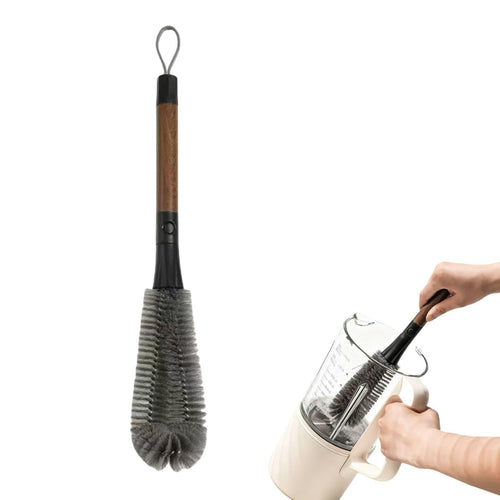 2 in 1 Cleaning Brush with a gray bristled head, detachable slim brush, and brown wooden hanging handle