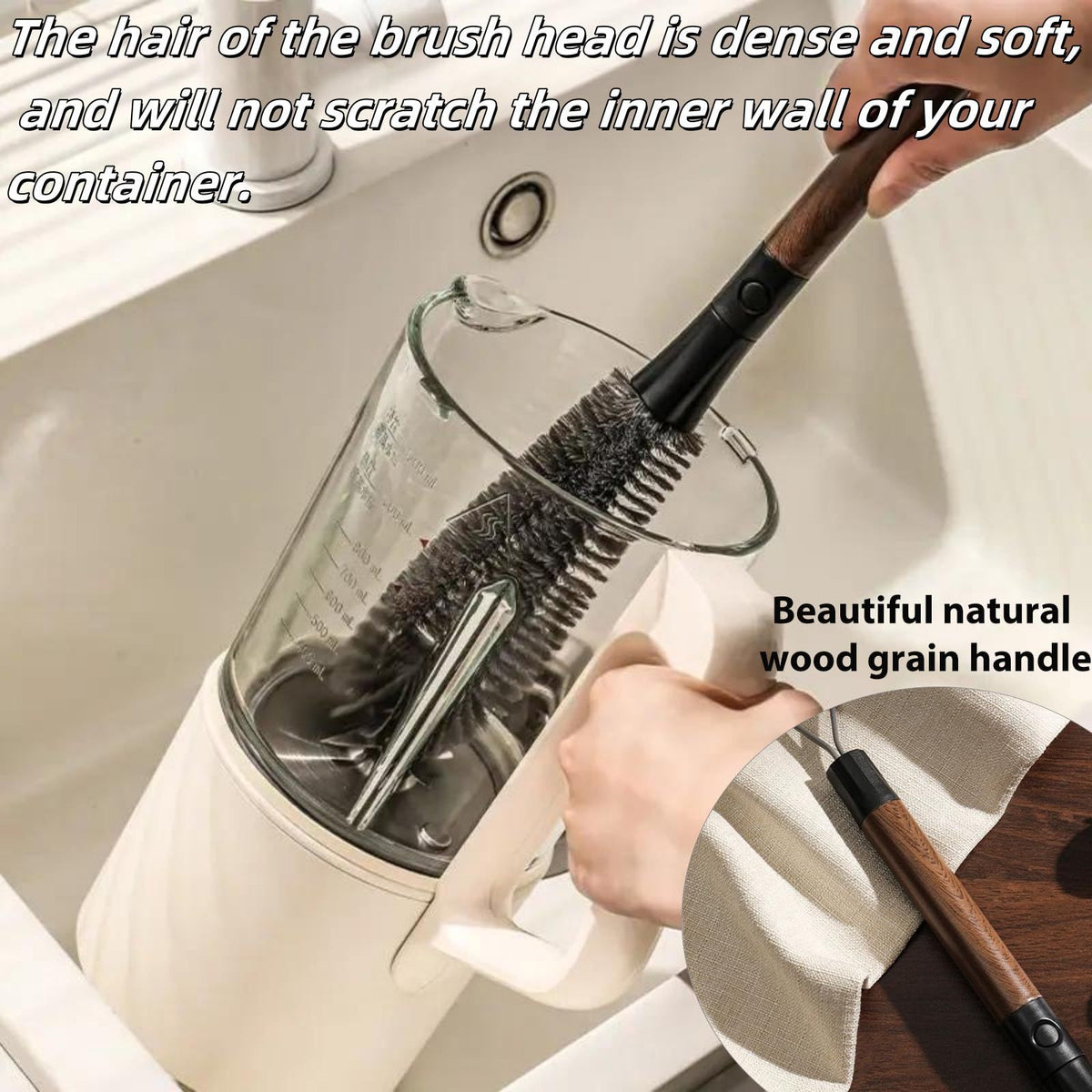 2 in 1 Cleaning Brush with dense dark bristles, a natural wood-grain handle and detachable gap brush for cups